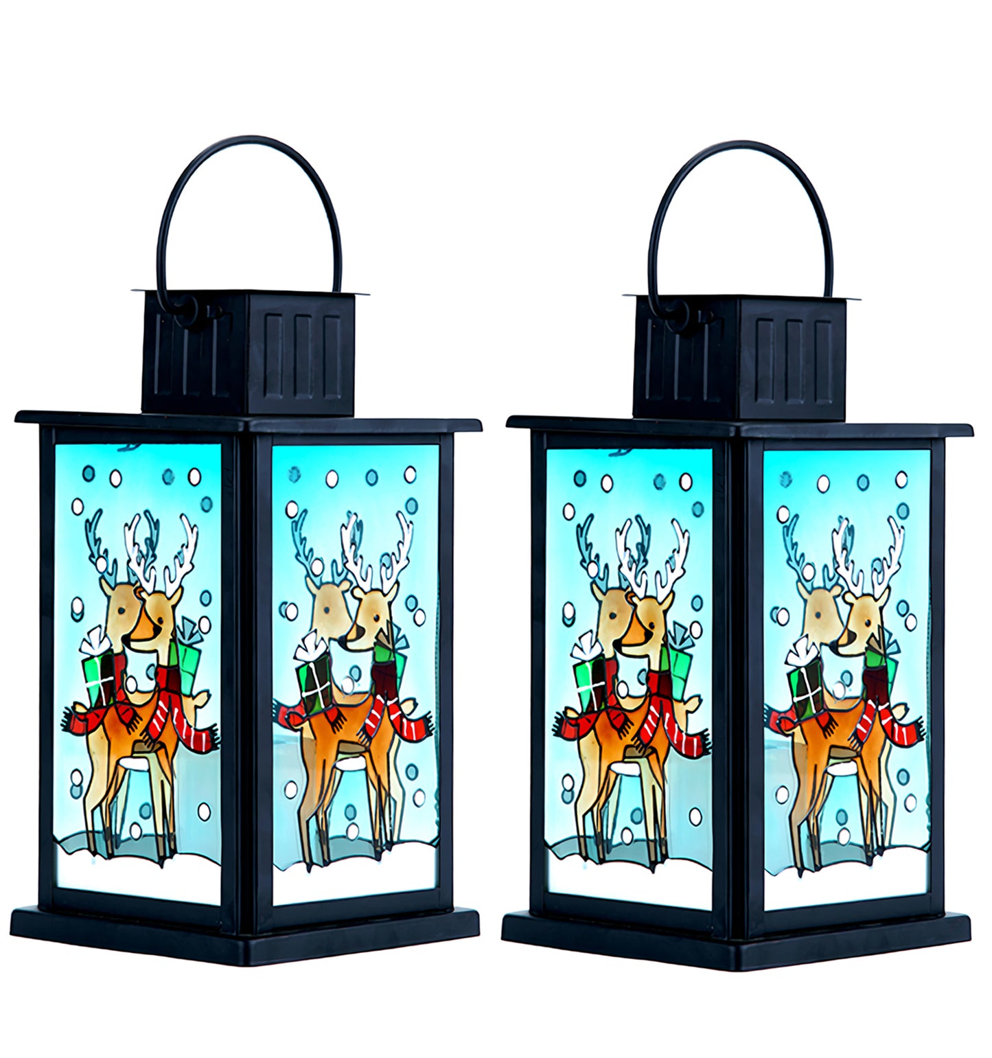 VIEROLA Metal Solar Lantern with Flameless Candle, 14“ Camping and Garden Lantern (2 Pack Reindeer)