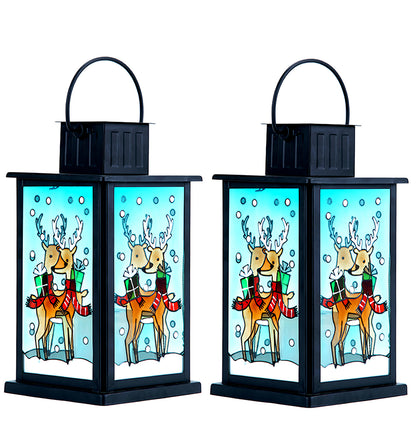 VIEROLA Metal Solar Lantern with Flameless Candle, 14“ Camping and Garden Lantern (2 Pack Reindeer)