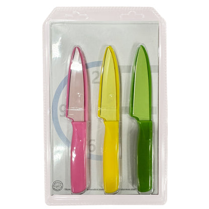 VIEROLA 3-Pack Paring Knife with Safety Sheath, 4 inch Stainless Steel Blade Fruit Knife Nonstick Silicone Coated (Green Yellow Pink)