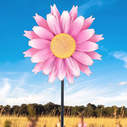 Pink Daisy Gradual Petal Metal Wind Spinner,52 inch Wind Mill for Outdoor Yard Patio Lawn & Garden