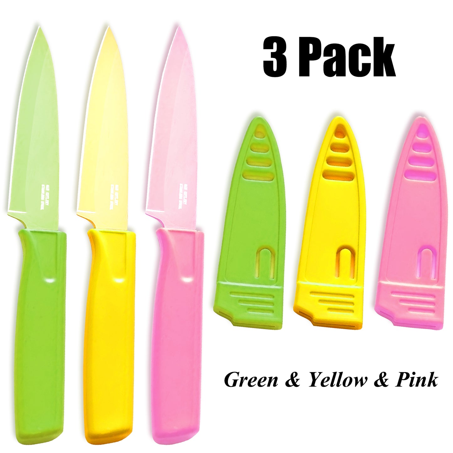 VIEROLA 3-Pack Paring Knife with Safety Sheath, 4 inch Stainless Steel Blade Fruit Knife Nonstick Silicone Coated (Green Yellow Pink)