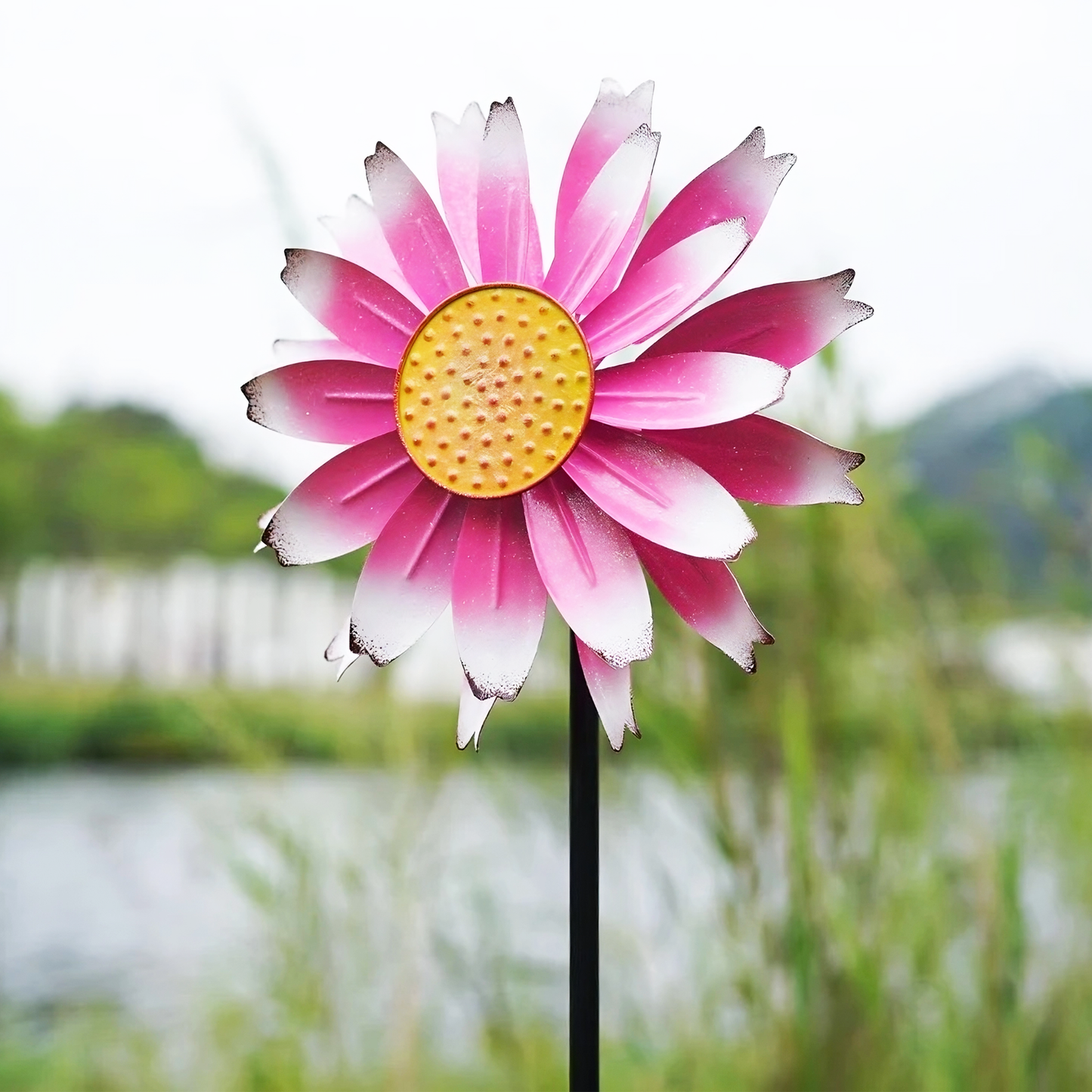 Pink Daisy Gradual Petal Metal Wind Spinner,52 inch Wind Mill for Outdoor Yard Patio Lawn & Garden