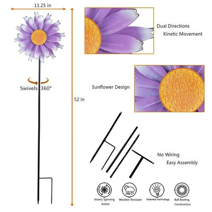 Purple Daisy Gradual Petal Metal Wind Spinner,52 inch Wind Mill for Outdoor Yard Patio Lawn & Garden