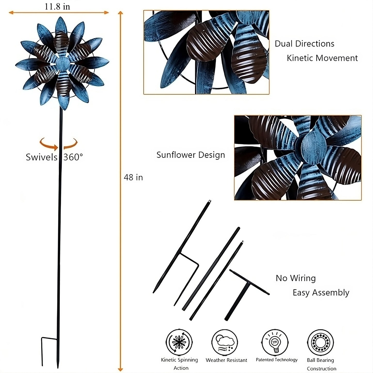 Wind Spinner, 48 inch Metal Wind Spinners, Blue Sunflower Dual Directions Kinetic Windmill for Outdoor Yard Patio Lawn & Garden