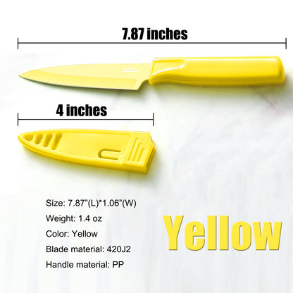 4-Inch Blade Stainless Steel Paring Knife with Safety Sheath for Kitchen, Fruits, and Vegetables (Yellow)