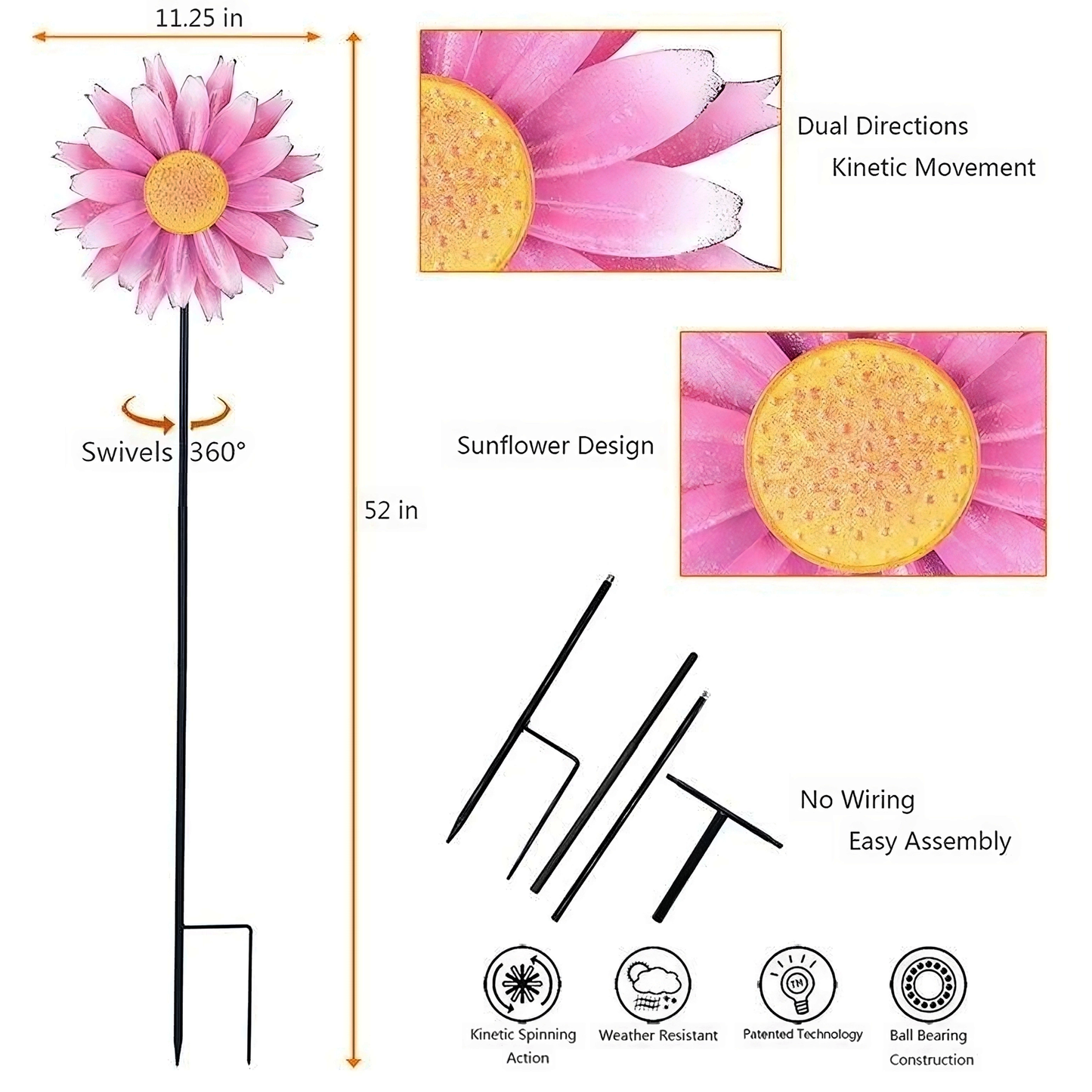 Pink Daisy Gradual Petal Metal Wind Spinner,52 inch Wind Mill for Outdoor Yard Patio Lawn & Garden