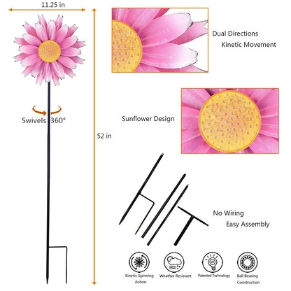 Pink Daisy Gradual Petal Metal Wind Spinner,52 inch Wind Mill for Outdoor Yard Patio Lawn & Garden