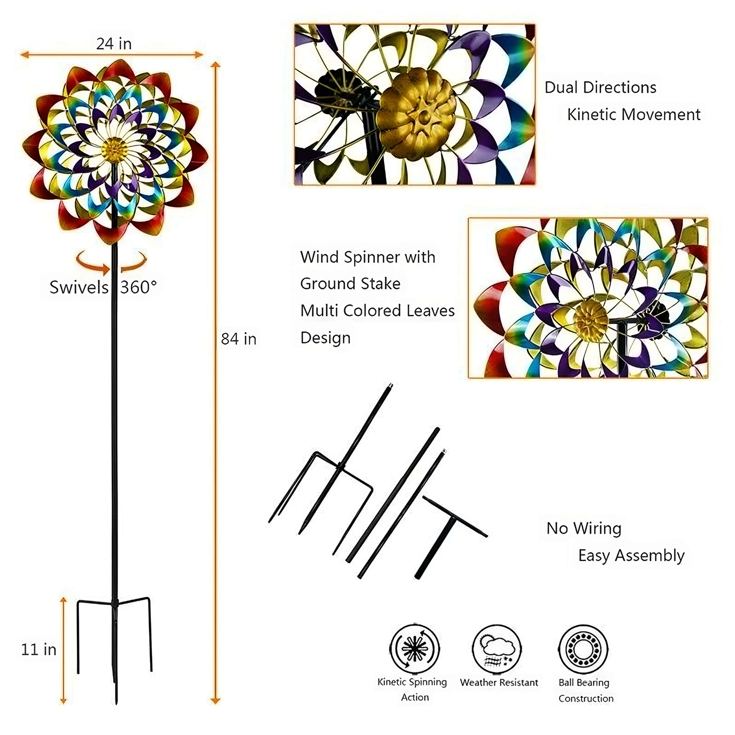 Stainless Steel Colorful Flower Wind Spinner,84" Wind Mill for Outdoor Yard Patio Lawn & Garden