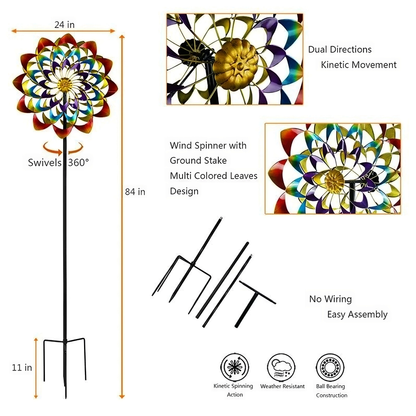 Stainless Steel Colorful Flower Wind Spinner,84" Wind Mill for Outdoor Yard Patio Lawn & Garden