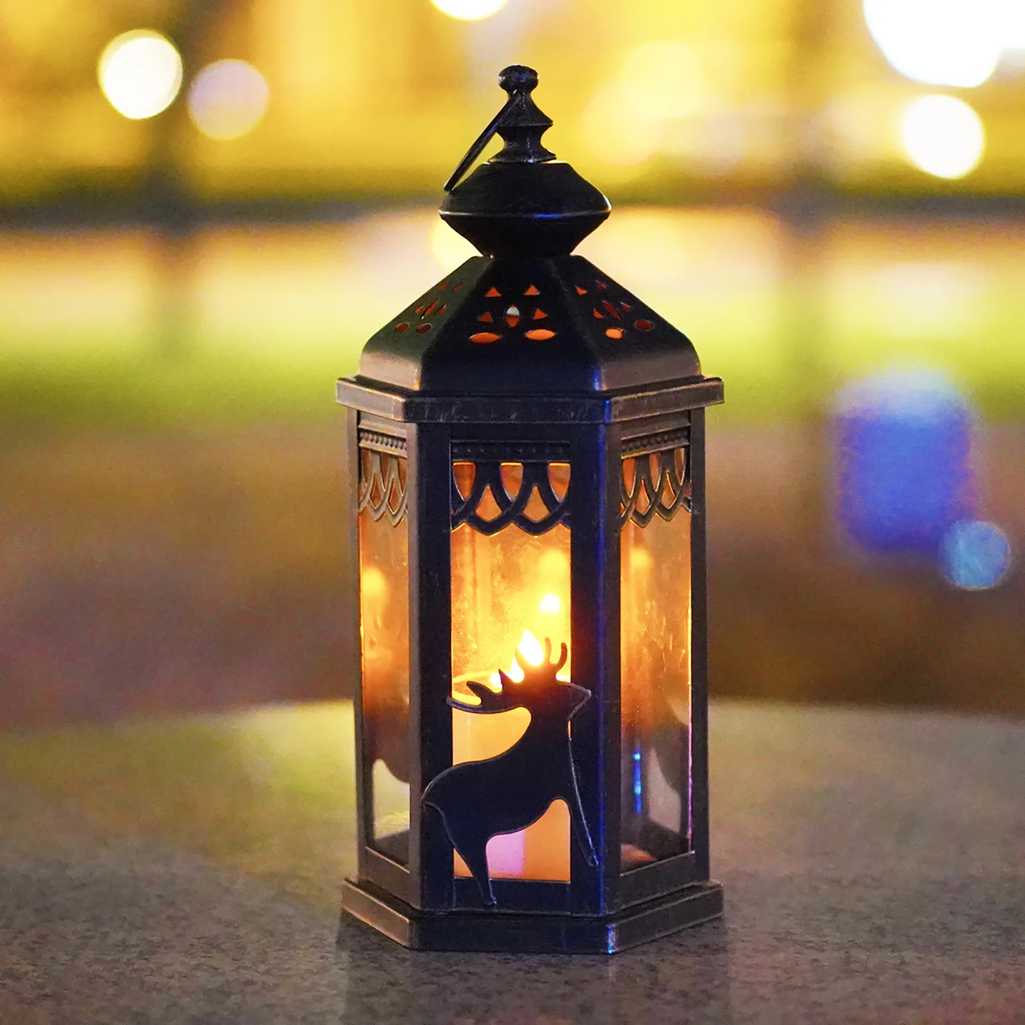 VIEROLA Metal Solar Lantern, 13“ LED Retro Bronze Lantern with Flameless Candle (Reindeer)