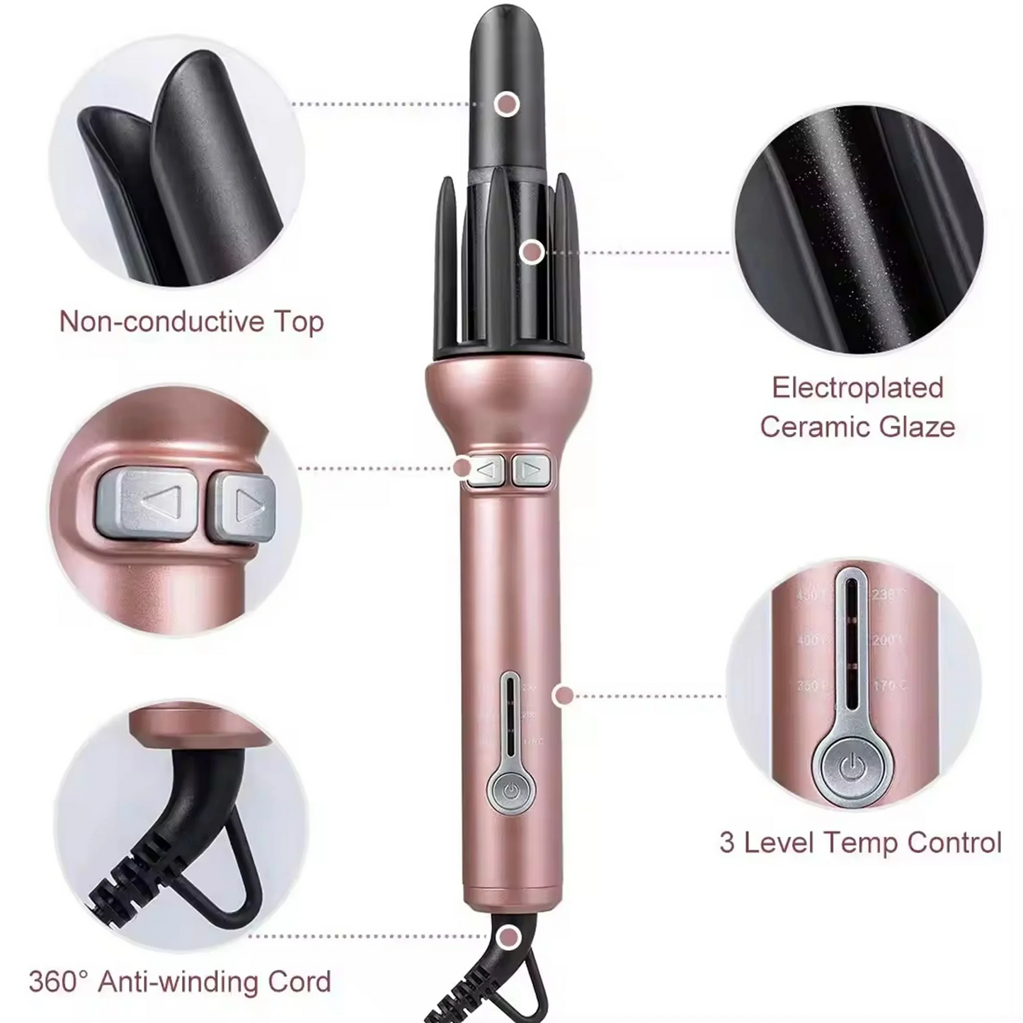 VIEROLA Curling Iron, 1 inch Automatic Hair Curler, Curling Wand with Tourmaline Ceramic Barrel, 3 Temperature Settings, Dual Voltage, Rose Gold